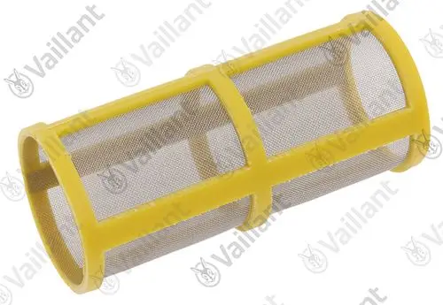 Vaillant Filter-Einsatz aus Metall mit gelbem Kunststoffrahmen, zylindrische Form, offen an beiden Enden, zum Einsatz in Befülleinrichtungen.